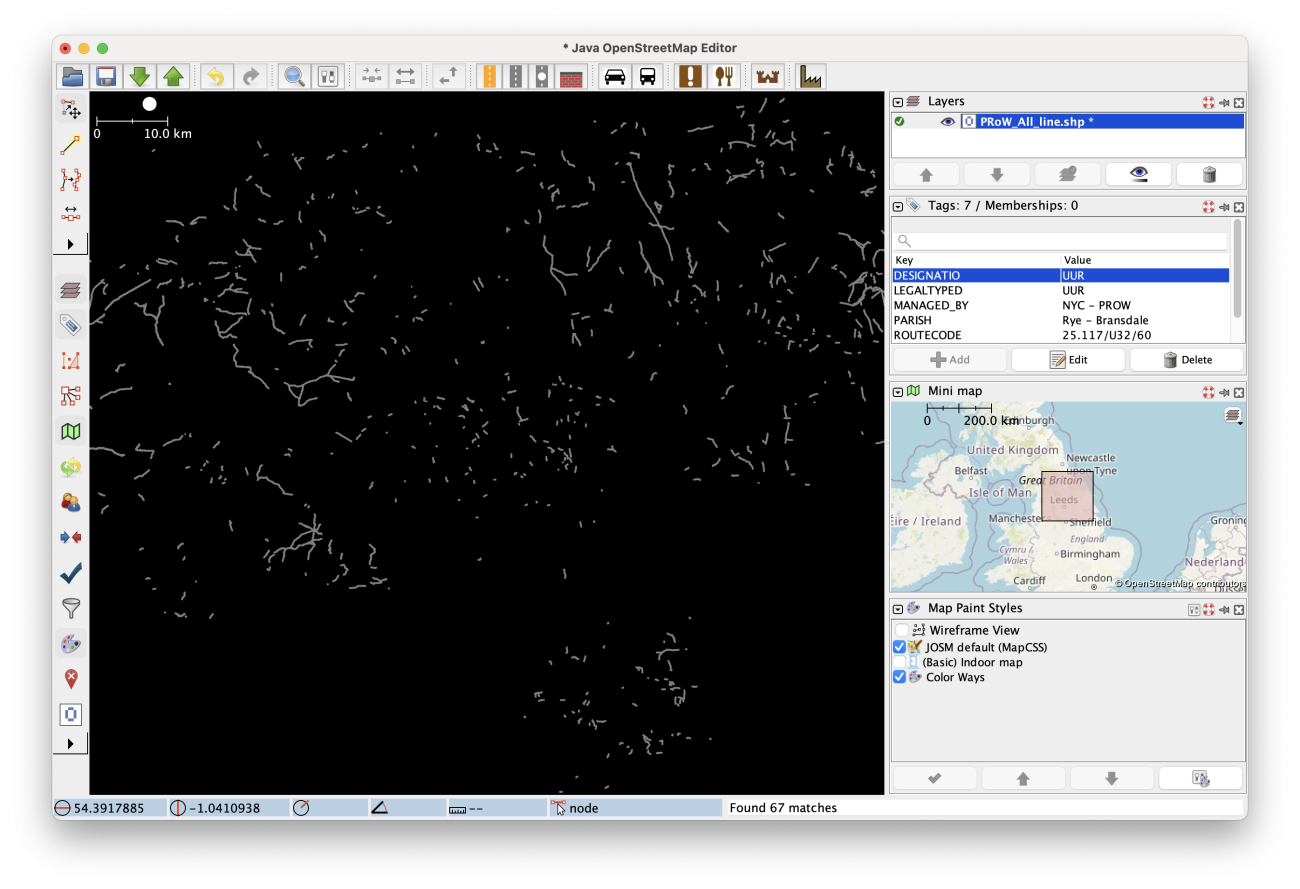 Screenshot of the JOSM application whilst editing data for North Yorkshire