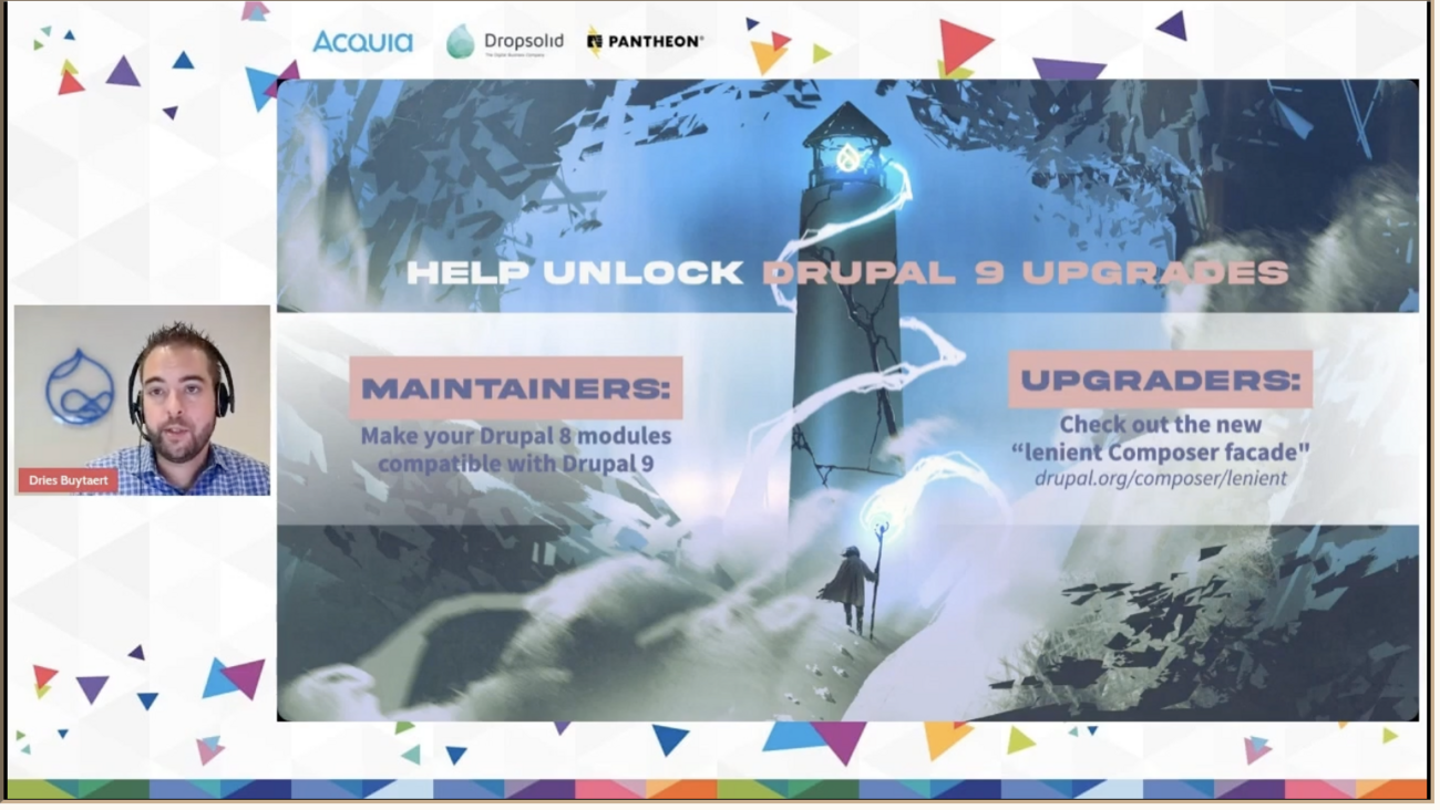 Slide from a previous Driesnote, has a lighthouse and a path for us to reach the top. The lamp is a Drupal logo